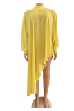 Yellow Sexy Casual Solid See-through Asymmetrical Half A Turtleneck Tops (Without Belt)