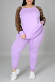 Pink Casual Leopard Patchwork O Neck Plus Size Two Pieces