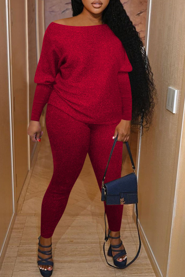 Red Casual Solid Patchwork O Neck Long Sleeve Two Pieces
