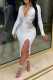 White Fashion Sexy Patchwork Slit Hot Drill V Neck Long Sleeve Dresses