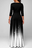 Black Casual Print Patchwork V Neck Cake Skirt Dresses
