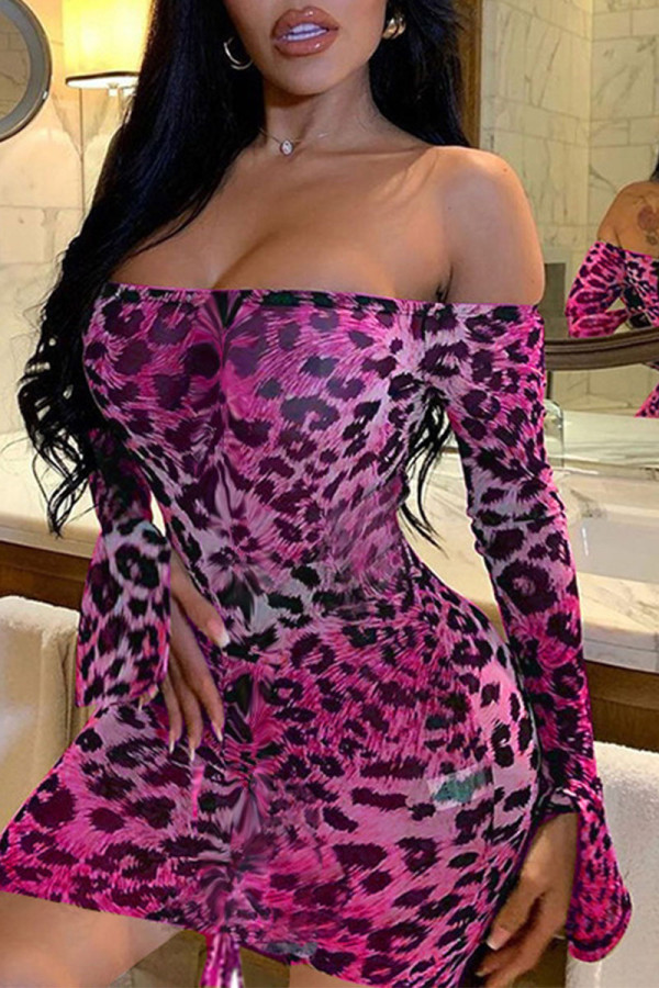 Rose Red Sexy Print Patchwork Draw String Fold Off the Shoulder Pencil Skirt Dresses