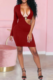 Red Sexy Solid Split Joint V Neck Pencil Skirt Dresses