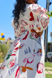 White Sexy Print Split Joint V Neck Cake Skirt Dresses