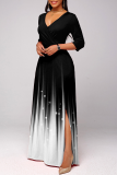Black Casual Print Patchwork V Neck Cake Skirt Dresses
