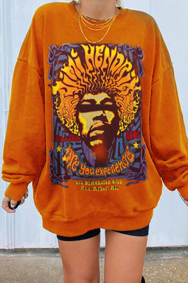 Orange Street Print Patchwork O Neck Tops