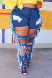 Baby Blue Street Solid Tassel Ripped Patchwork Plus Size Jeans
