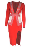 Red Fashion Sexy Patchwork Slit Hot Drill V Neck Long Sleeve Dresses