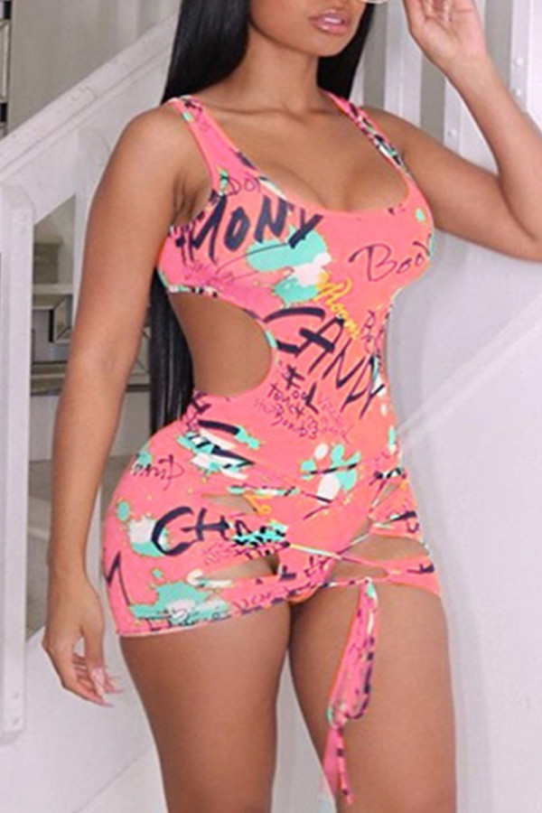 Pink Sexy Print Frenulum Backless Swimwears