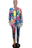 Colour Casual Print Tie Dye Ripped Patchwork Zipper Hooded Collar Long Sleeve Two Pieces