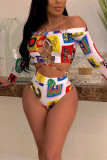 White Sexy Printed Hollow-out Two-piece Swimwear