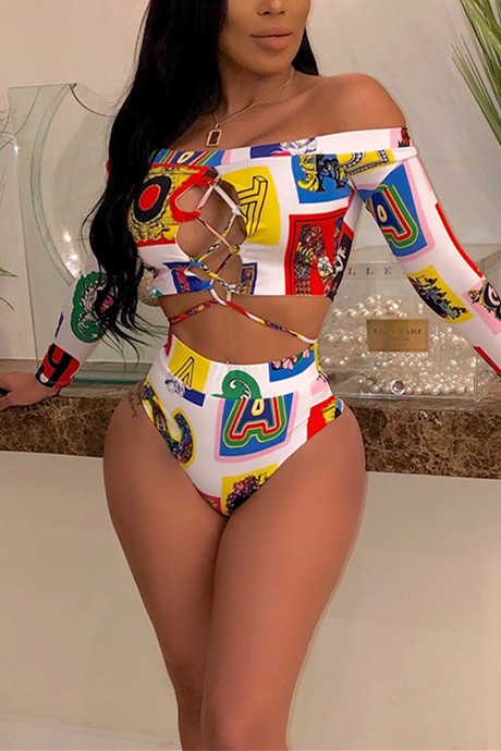 White Sexy Printed Hollow-out Two-piece Swimwear