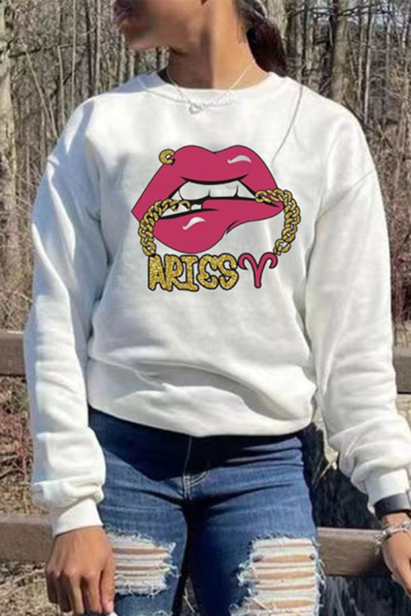White Fashion Casual Print Basic O Neck Tops