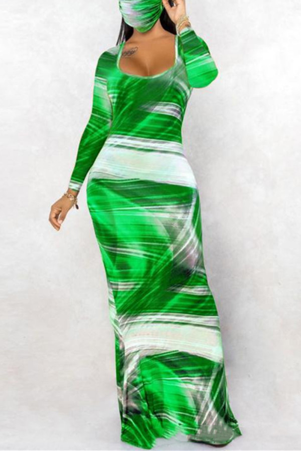 Light Green Fashion Casual Print Basic U Neck Long Sleeve Dress