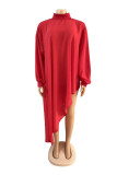 Red Sexy Casual Solid See-through Asymmetrical Half A Turtleneck Tops (Without Belt)