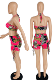 Rose Red Sexy Print Patchwork Draw String Swimwears