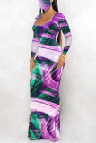 Purple Fashion Casual Print Basic U Neck Long Sleeve Dress