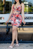 Rose Red Sexy Print Ripped Spaghetti Strap Sleeveless Two Pieces