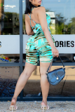 Rose Red Sexy Print Ripped Spaghetti Strap Sleeveless Two Pieces