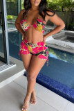 Rose Red Sexy Print Patchwork Draw String Swimwears