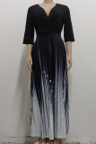 Black Casual Print Patchwork V Neck Cake Skirt Dresses