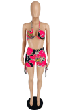 Rose Red Sexy Print Patchwork Draw String Swimwears