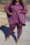 Purple Casual Solid Patchwork O Neck Plus Size Two Pieces