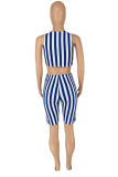 Blue Casual Striped Split Joint U Neck Sleeveless Two Pieces