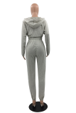 Grey Casual Solid Patchwork Hooded Collar Long Sleeve Two Pieces