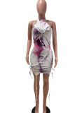 Pink Sexy Print Draw String O Neck Pencil Skirt Dresses