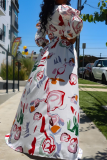 White Sexy Print Split Joint V Neck Cake Skirt Dresses