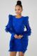 Blue Spandex Fashion Cap Sleeve Long Sleeves O neck Step Skirt Mini lace 
