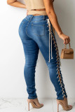 Blue Sexy Solid Hollowed Out Patchwork Frenulum High Waist Skinny Denim Jeans