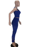 Blue Sexy Solid Ripped Patchwork U Neck Sleeveless Two Pieces
