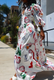 White Sexy Print Split Joint V Neck Cake Skirt Dresses