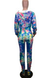 Colour Casual Print Tie Dye Ripped Patchwork Zipper Hooded Collar Long Sleeve Two Pieces