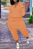 Orange Fashion Casual Solid Basic V Neck Long Sleeve Two Pieces