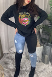 Black Fashion Casual Print Basic O Neck Tops