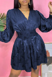Tibetan Blue Fashion Casual Print Patchwork V Neck Long Sleeve Dresses