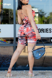 Rose Red Sexy Print Ripped Spaghetti Strap Sleeveless Two Pieces