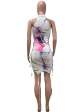 Pink Sexy Print Draw String O Neck Pencil Skirt Dresses