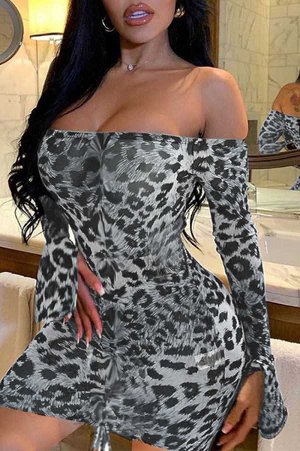 Grey Sexy Print Patchwork Draw String Fold Off the Shoulder Pencil Skirt Dresses