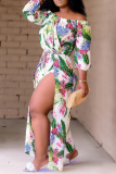 Green Sexy Print Patchwork Off the Shoulder Regular Jumpsuits