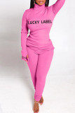 Pink Fashion Casual Letter Print Basic Turtleneck Long Sleeve Two Pieces