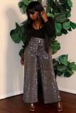 Silver Spandex Zipper Fly Sleeveless Mid Zippered Patchwork Loose Capris 