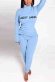 Blue Fashion Casual Letter Print Basic Turtleneck Long Sleeve Two Pieces