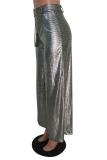 Silver Spandex Zipper Fly Sleeveless Mid Zippered Patchwork Loose Capris 