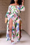 Green Sexy Print Patchwork Off the Shoulder Regular Jumpsuits