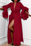 Burgundy Casual Solid Flounce V Neck Straight Dresses
