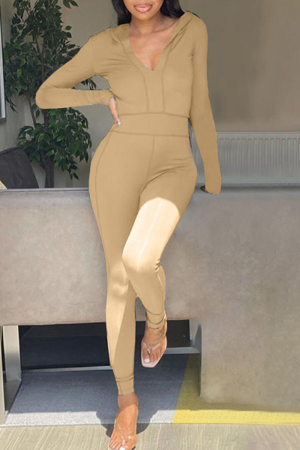 Khaki Casual Solid Patchwork Hooded Collar Skinny Jumpsuits